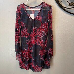 MODAPOSA‎ Coral Print Beaded V-Neck Sheer Tunic  Beach Cover-Up flared sleeves